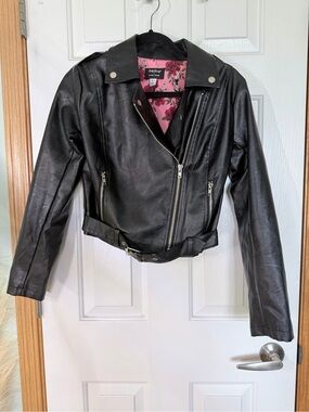 Unique Vintage Black Leather Moto Jacket with Pink Floral Lining